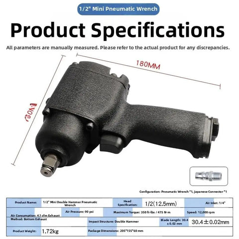 1/2 Inch Pneumatic Impact Wrench Delivers Hard Charging 475 Nm Punch Through A Rock Solid Double Hammer Drive and Featherlight Aluminum Housing.