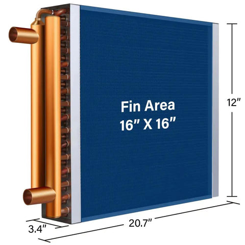 16x17 Water To Air Heat Exchanger With 1 Inch Copper Ports And Hot Water Coil showing fin area dimensions and copper tubes