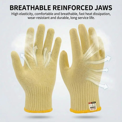Aramid Cut Resistant Gloves With Heat Protection Up To 550F, Thick Knit Gripping Design, Yellow, Front and Back View