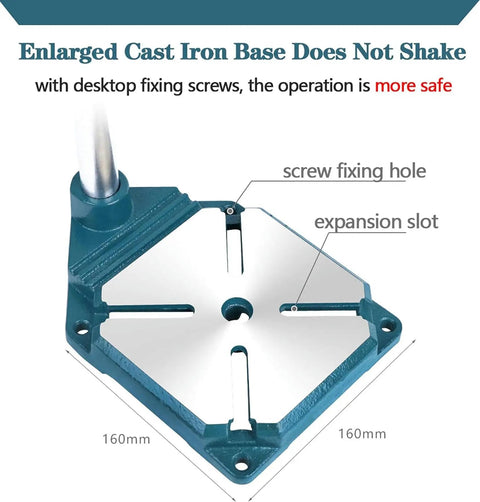 Rock Solid Drill Press Stand For Hand Drill With Vise showing cast iron base with screw fixing holes and expansion slots
