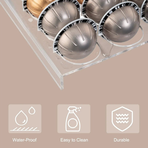 Coffee Pod Drawer Organizer For Nespresso VertuoLine Holds 30 Pods showing acrylic tray with capsules.