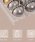 Close-up of Two Pack Coffee Pod Holder Tray For Vertuoline Capsules, holding several pods, clear acrylic material, waterproof, durable.