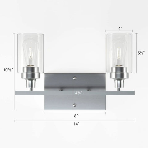Two-Light Vanity Light With Clear Ribbed Glass Shades And Nickel Finish For Bathroom Over Mirror Modern Industrial Chic Style E26 Standard Socket Durable Build Easy Install Ideal For Master Or Guest Bathrooms