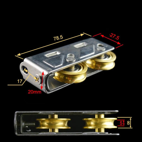 Heavy Duty Sliding Door Wheels That Roll Smooth As Butter, Stainless Steel Double Roller Pulleys dimensions with gold wheels.
