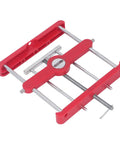 Dead On Precision Self Centering Mortise Tenon Jig With Convenient Punch Locator, red with metal components, for accurate wood joinery.