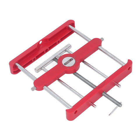 Dead On Precision Self Centering Mortise Tenon Jig With Convenient Punch Locator, red with metal components, for accurate wood joinery.