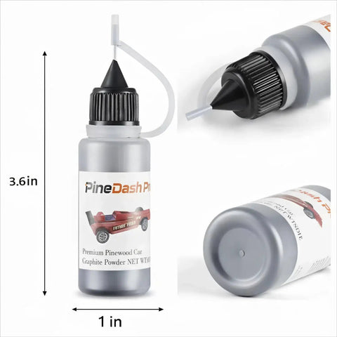 Graphite Powder Lubricant 0.5 Oz For Pinewood Derby Cars And Wheels Axles, dry lube bottle with measurements, front and side view