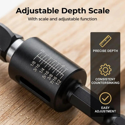 Close-up of Pro Grade Four Blade Countersink Drill Bit Set With Depth Stop And Aluminum Stop Collar on wood surface showing markings.