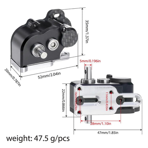 Ultralight Portal LCG Transmission Gearbox With Slipper Pad for One Tenth Scale Cheater Rigs showing size dimensions and weight.