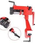 7 Inch Sheet Metal Bead Roller Kit With 6 Dies, red rotary tool, side view, showing dies and cast-iron frame, 0.8mm capacity, 177mm throat.