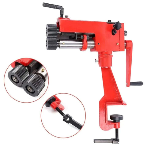 7 Inch Sheet Metal Bead Roller Kit With 6 Dies, red rotary tool, side view, showing dies and cast-iron frame, 0.8mm capacity, 177mm throat.