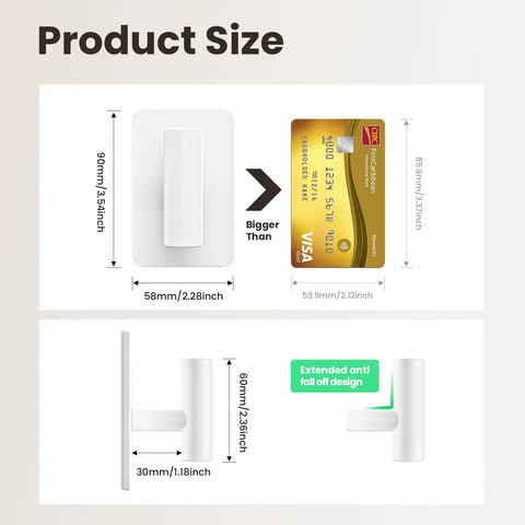 Size comparison illustration for Six Pack Large Stainless Steel Wall Hooks Heavy Duty Adhesive Mount Holds Up To 26 Pounds Bulletproof Grip Stick On Hangers Zero Drill Hassle Ideal For Bath Towels Coats And Shower Gear White Finish.