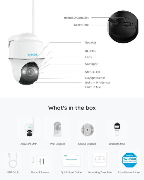 Diagram and contents of Argus PT Solar Battery Camera With Pan Tilt No-Hassle Outdoor Wireless Home Security System package.