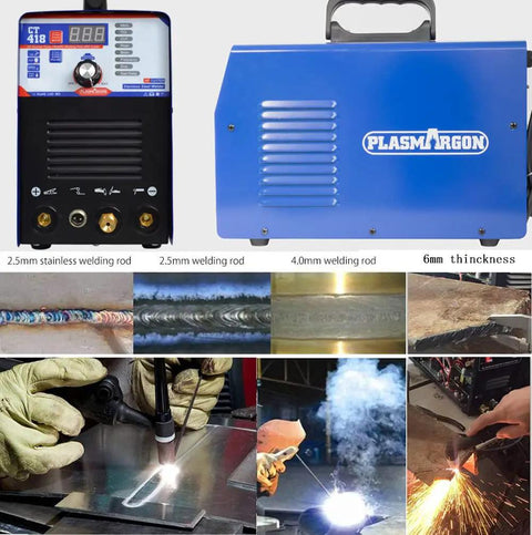 Front and side view of 3 In 1 Plasma Cutter And Welder Combo Machine With Dual Voltage 110V 220V, digital display, and welding examples