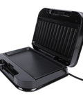 Top Rack Electric Panini Press Maker 750 Watt Indoor Grill showing open black non-stick grilling surface.