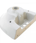 Underside view of Compact Vitreous China Pedestal Sink With Overflow, Space Saving 16 Inch Wide, Glossy White Finish, showing installation points.