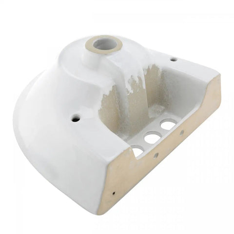 Underside view of Compact Vitreous China Pedestal Sink With Overflow, Space Saving 16 Inch Wide, Glossy White Finish, showing installation points.