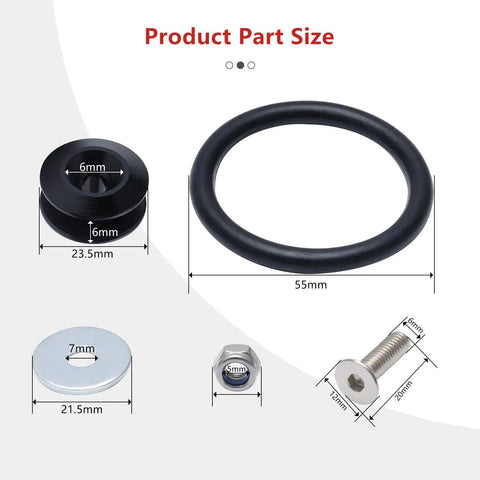 Front And Rear Bumper Quick Release Kit With Aluminum Fasteners And Fender Bracket, No Fuss Easy Removal And Reinstallation For General Motors Vehicles, Black Finish, Durable DIY Car Maintenance Accessory showing bolt, nut, and O-ring sizes