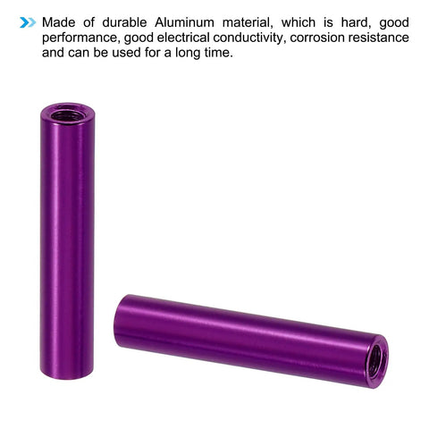 6 Pack Heavy Duty M3 Threaded Standoff Spacer Nuts In Purple Aluminum For Electronics Mods And DIY Rig Builds Offering Solid Support With 1/8 Inch ID 3/16 Inch OD And 1 Inch Length To Raise And Lock Parts With No Slop - Close-up of purple aluminum standoffs.