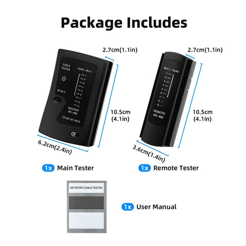 Package includes RJ45 RJ11 Ethernet Cable Tester For CAT5e To CAT7, 10.5cm main and remote units, user manual