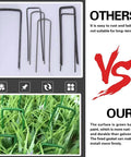 Comparison of turf stakes showing rust-prone standard stakes vs rustproof green painted turf stakes set with 50 stakes and 50 buffer washers 6 inch 11 gauge heavy duty lawn spikes for grass weed barrier and sod fabric rustproof green coated ground pins reusable and easy to install in grass.