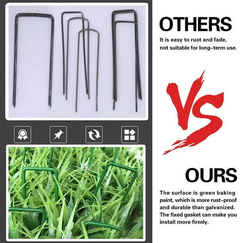 Comparison of turf stakes showing rust-prone standard stakes vs rustproof green painted turf stakes set with 50 stakes and 50 buffer washers 6 inch 11 gauge heavy duty lawn spikes for grass weed barrier and sod fabric rustproof green coated ground pins reusable and easy to install in grass.