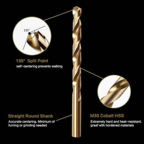 Detailed image of a drill bit with annotations showcasing 135° split point, straight round shank, and M35 cobalt HSS materials.