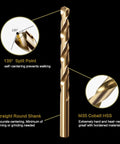 Close-up of a cobalt drill bit with 135-degree tip and round shank. Features of 5 By 16 Inch Cobalt Drill Bit Set, 10 Piece.