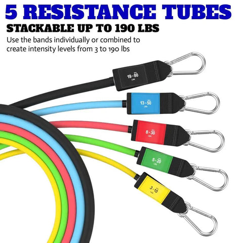 Pro Series Resistance Band Set With Five Bands, Handles, Ankle Straps, Door Anchor And Carry Bag, Built Tough With Snap Reduction Tech And Patented Safety Cord, Ranging From 3 To 190 Lbs Of Max Resistance
