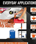 HORUSDY battery-powered fuel transfer pump; handheld siphon transferring gasoline from red can toward car