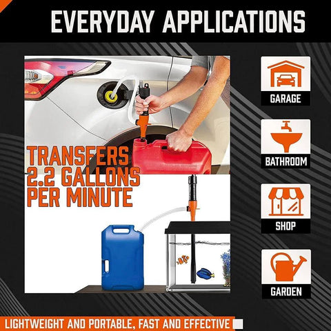 HORUSDY battery-powered fuel transfer pump; handheld siphon transferring gasoline from red can toward car