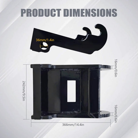 No Fuss Quick Connect Excavator Bucket Coupler Bracket dimensions with durable steel lug mount and black wear-resistant coating