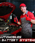 Mechanic in red uniform holding crimp tool next to car in automotive shop with text 'Automobiles & Battery Systems'
