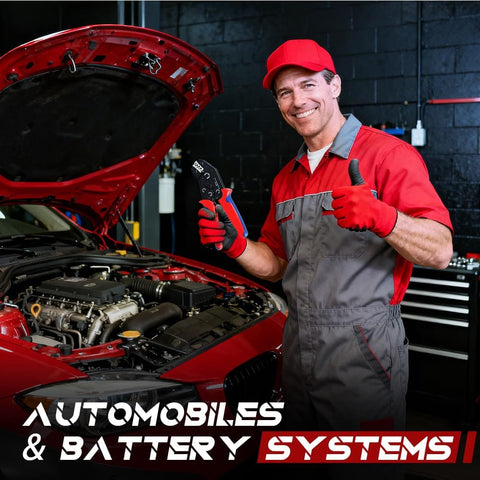Mechanic in red uniform holding crimp tool next to car in automotive shop with text 'Automobiles & Battery Systems'