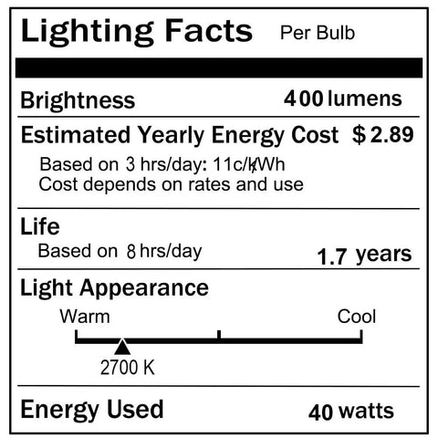 Lighting facts label for 40 Watt G45 High Temp Oven Light Bulb 300C 570F E26 Base Dimmable Appliance Bulb featuring 400 lumens brightness.