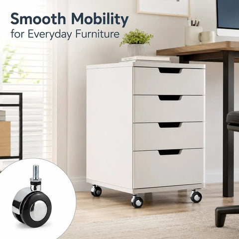 Four Pack Alloy Heavy-Duty Swivel Caster Wheels on white cabinet in office with smooth mobility message