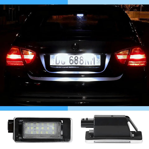 1 Pair Car LED License Plate Light Plug N Play Kit showcased on vehicle rear, highlighting super bright rear tag lamp assembly and components