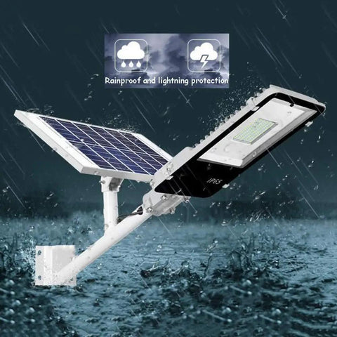 JUDYSSY 100W Solar Street Light with solar panel and LED flood light, waterproof design, in rain with lightning icons.