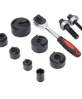 Heavy Duty Ratchet Knockout Hole Punch Driver Kit For Sheet Metal And Electrical Installations, black punch tools on display