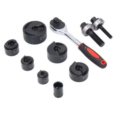 Heavy Duty Ratchet Knockout Hole Punch Driver Kit For Sheet Metal And Electrical Installations, black punch tools on display