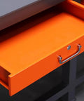 Heavy Duty Workshop Maintenance And Assembly Workbench With Mounting Vise Rock Solid Mold Fitting Table featuring a spacious orange storage drawer.