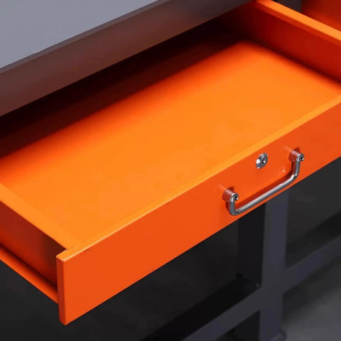 Heavy Duty Workshop Maintenance And Assembly Workbench With Mounting Vise Rock Solid Mold Fitting Table featuring a spacious orange storage drawer.