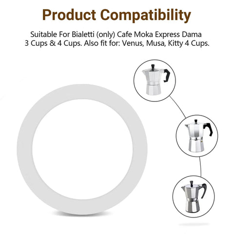 Food Grade Silicone Gasket Replacement Ring For Aluminum Stovetop Coffee Makers 3 Cup And 4 Cup Pots Durable Spare Seal Fits Bialetti Moka Express Dama Venus Musa Kitty 8 Pack Better Than Rubber shown with compatibility diagram