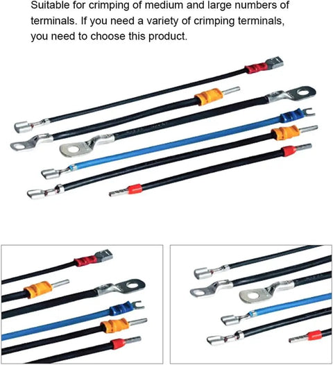 Top Shelf Electric Crimping Pliers With Integrated Wire Stripper And Cutter 90 Watt Terminal Press Tool For Recycling Copper Cable No Fuss Garage Workhorse showing various crimping terminals.