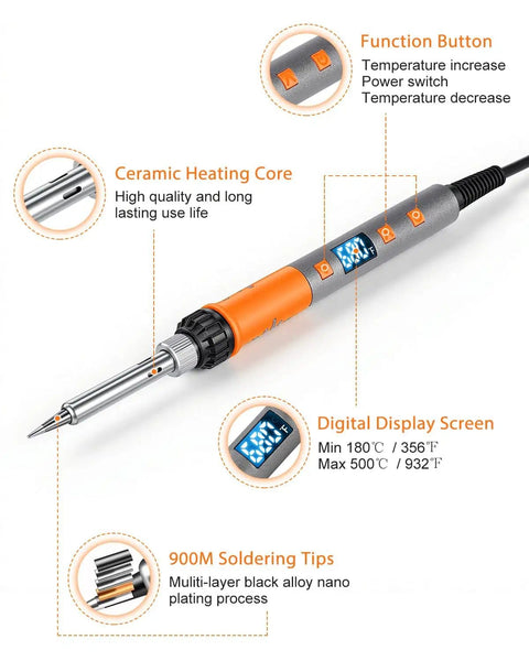 Close-up of 100W High Power Soldering Iron Kit With LCD Display, showing ceramic heating core, buttons, and soldering tips.