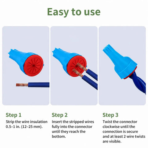 Hella Solid Waterproof Wire Connectors With Slick Silicone Sealant No Hassle Heavy Duty Low Voltage Connector Nuts For Landscape Lighting Irrigation Wiring 5 Pack 22 To 8 Awg With Marine Grade Protection showing three steps for easy installation.