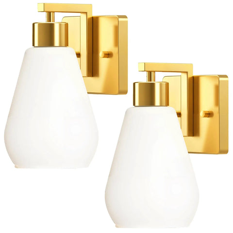 FLSNT Wall Sconces Set of 2, Hardwired E26 Wall Lighting, Modern Polished Gold Vanity Light with Frosted White Glass Shade.