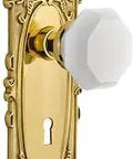 Victorian Plate With Keyhole Waldorf White Milk Glass Knob For Passage Doors Backset 2 3 Eighths Or 2 3 Quarters Polished Brass Finish