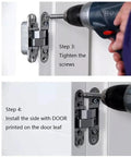 Three Dimensional Invisible Door Hinges For Wooden Doors And Aluminum Frame Doors Hidden Folding Doors 180 Degree Inside And Outside Open Black Finish Zinc Alloy Die Cast And 304 Stainless Steel Construction being installed with a drill.