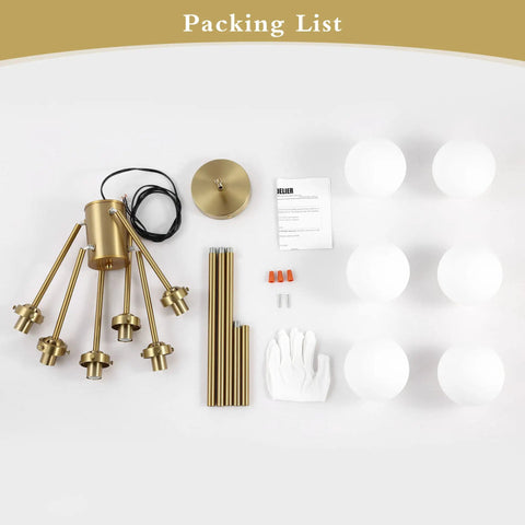 Six Light Sputnik Modern Pendant Chandelier components with opal white glass globes and gold finish ideal for kitchen island or living room